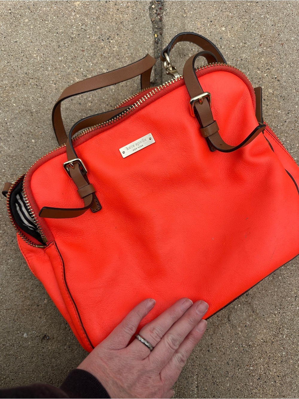 kate spade Bright Orange Leather Satchel with Brown Straps